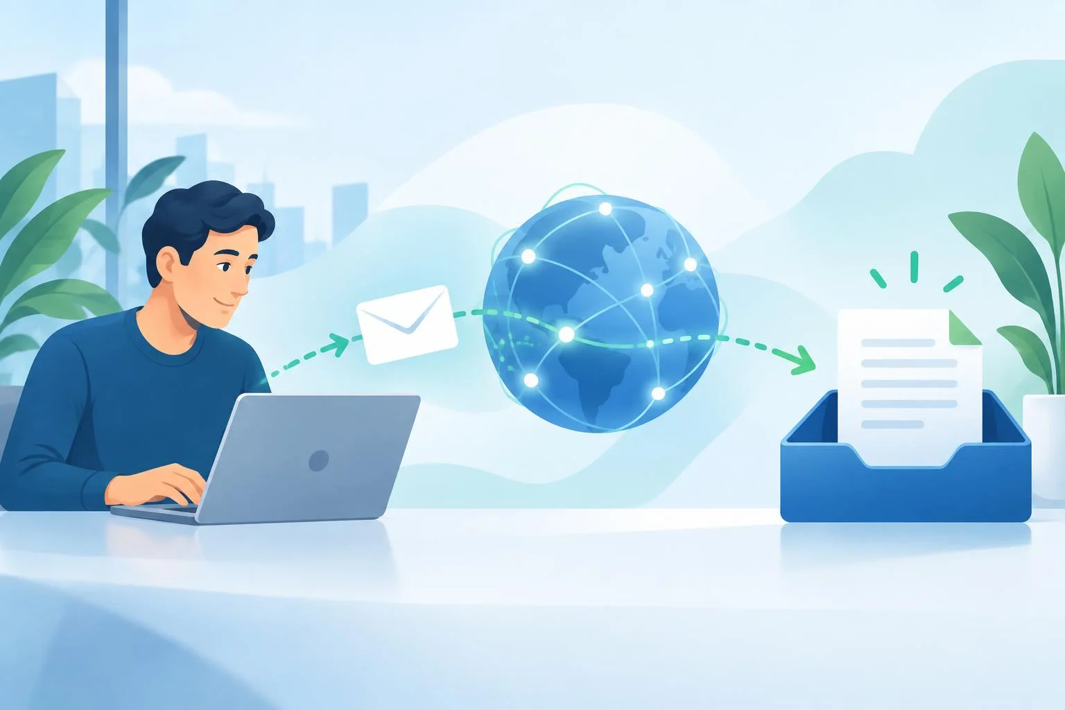 Ilustración de un mensaje electrónico que recorre las etapas de envío, llegada y conservación de su contenido.