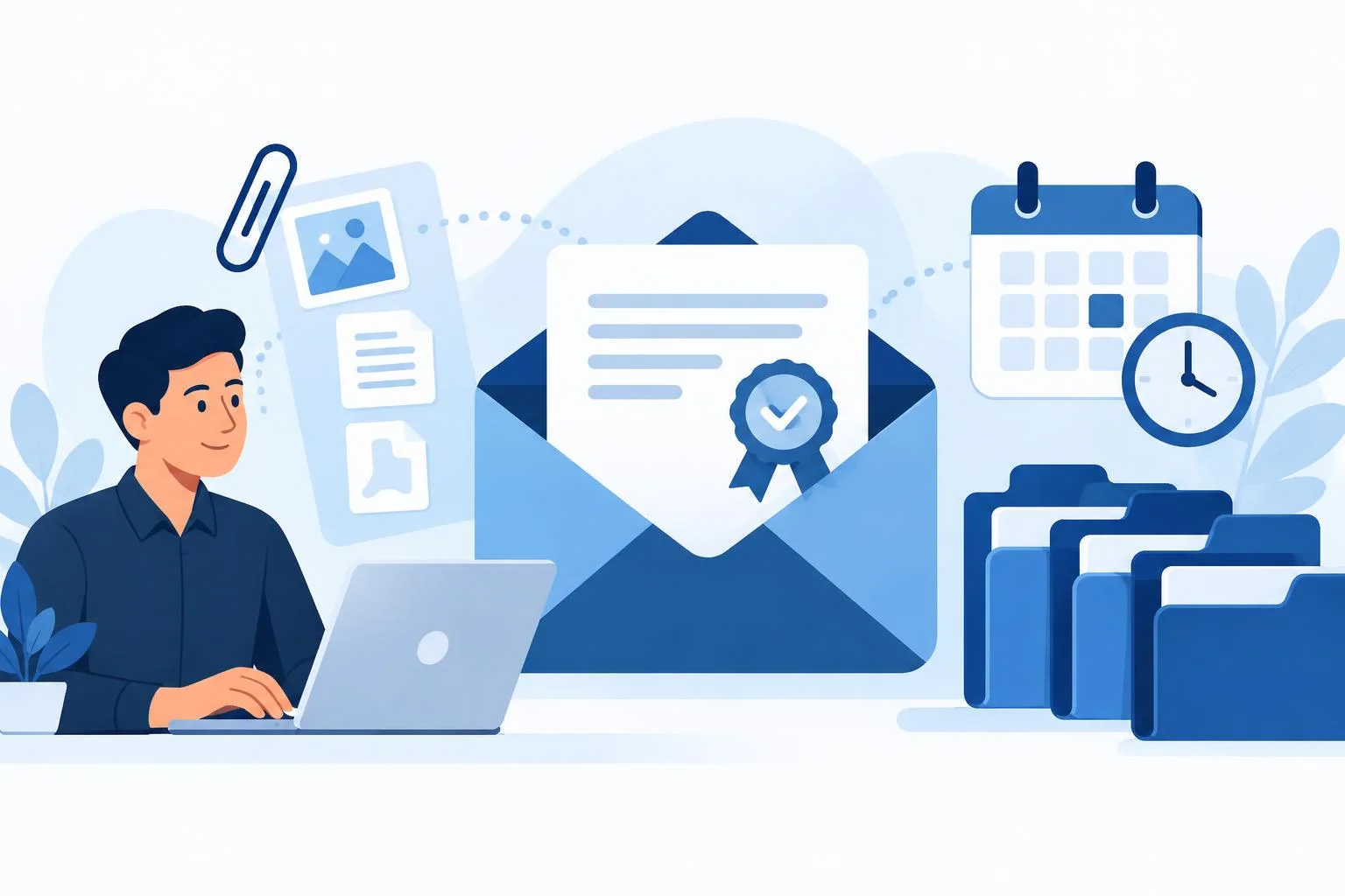Ilustración de un email formal organizado con asunto, cuerpo y archivos adjuntos.