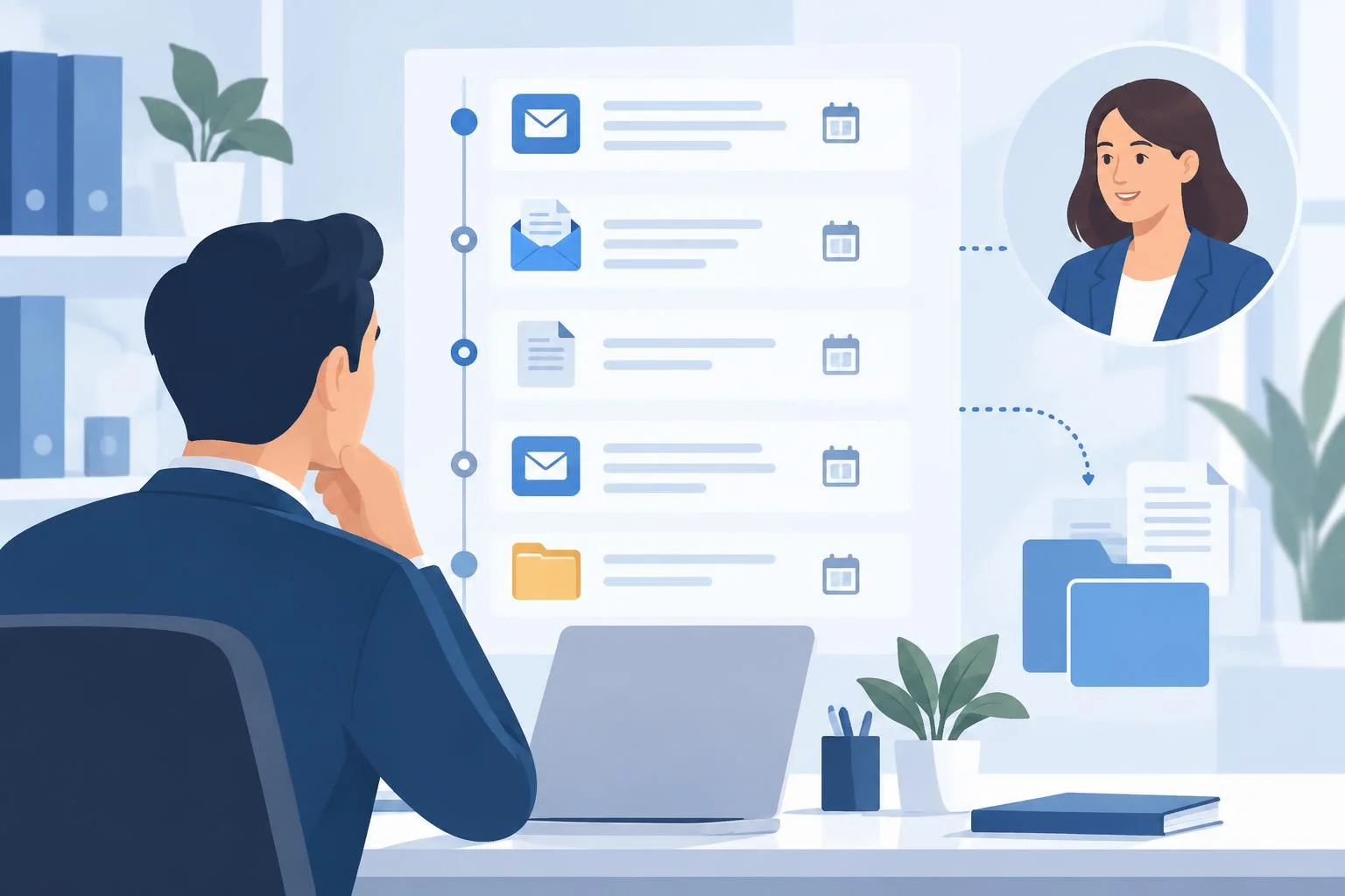 Expediente digital organizado con una cronología de comunicaciones y documentos de cliente.